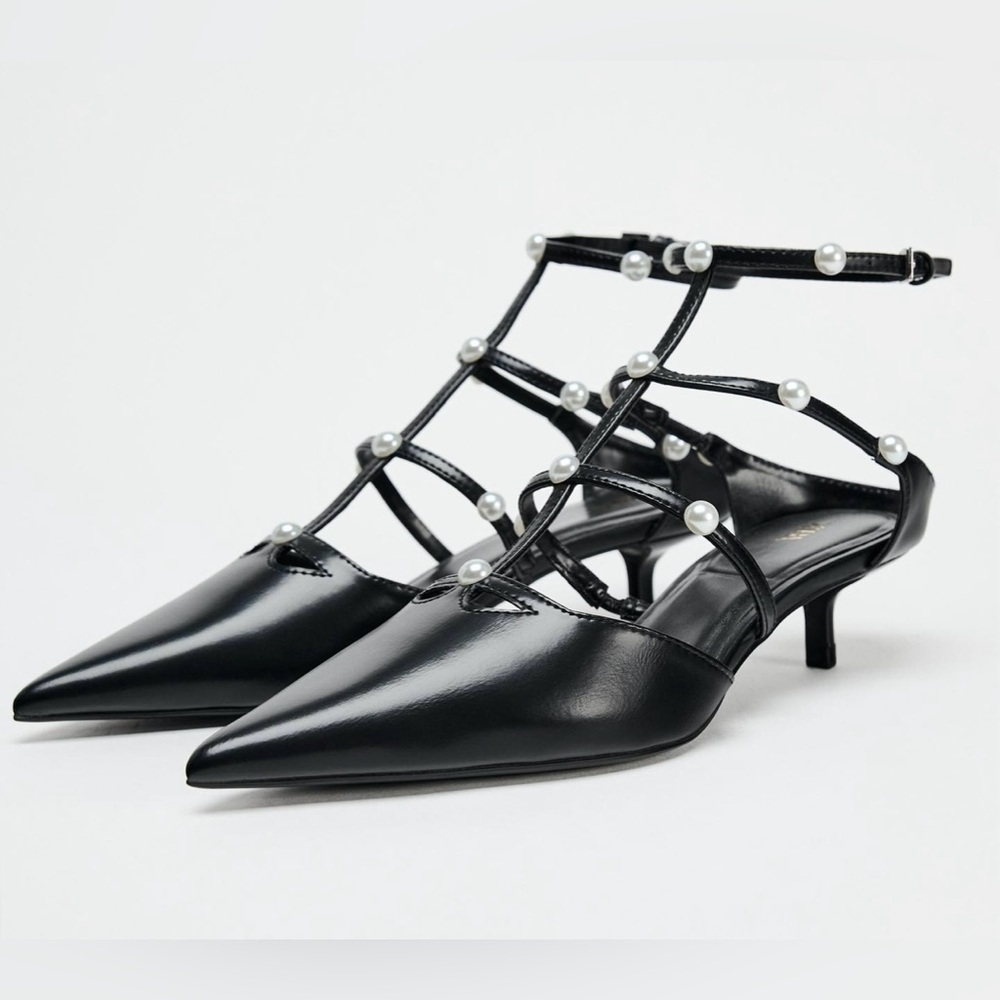 NWT Zara Sling Back Kitten Heels with Pearl Detailing size 38 - Picture 1 of 13